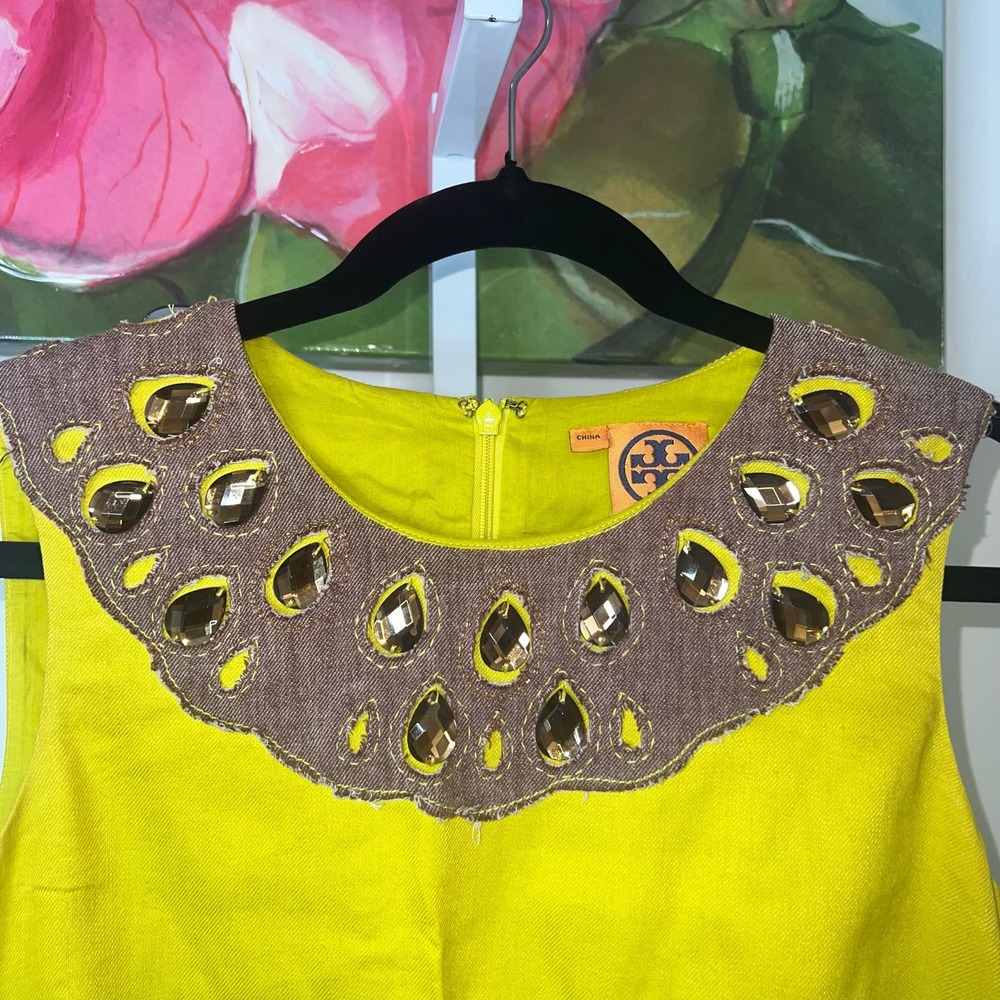 Tory Burch Chartruese Gold Green Linen Dress w Jewel Neckline Size 6 - Picture 5 of 15